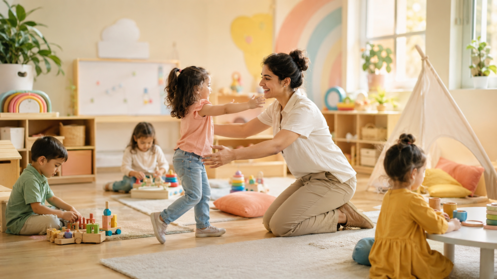 A caring teacher welcoming a child into the warm learning environment at Rainbow Nursery